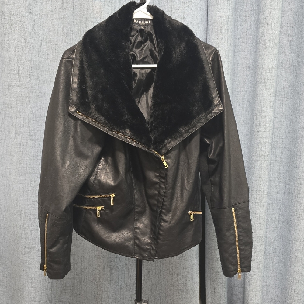 Baccini‎ Black Faux Leather Jacket with Gold Zipper Accents